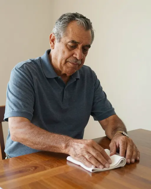 Older Latino man in a blue polo wipes a wooden dining table with a soft white cloth in warm afternoon indoor light