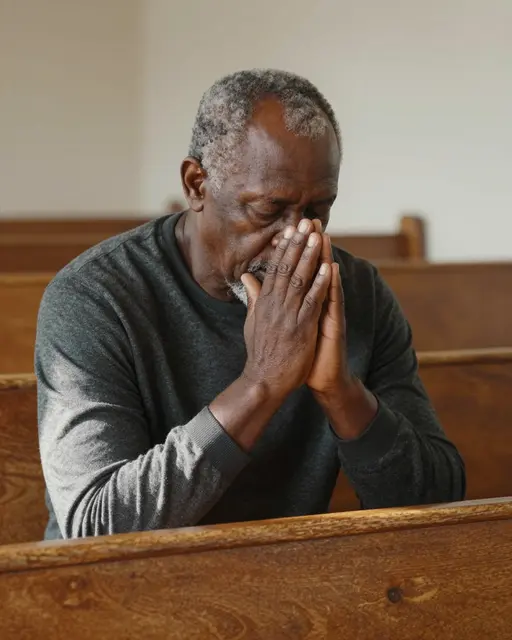 An older Black man in his sixties sits with clasped hands in quiet prayer inside a sunlit church.