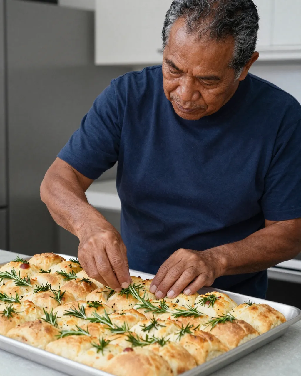 Older Pacific Islander man adds fresh rosemary to uncooked focaccia on a baking tray in a kitchen