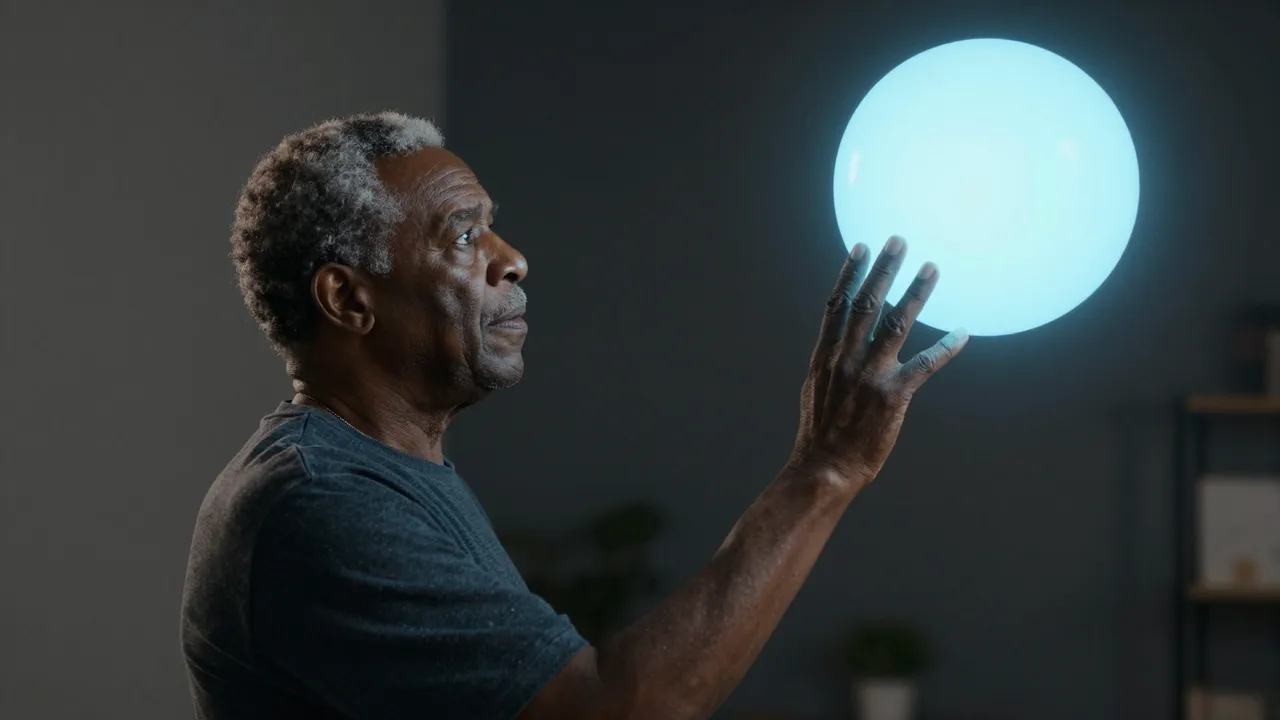 Side view of an older Black man extending his hand toward a floating soft blue glowing sphere in a dim room