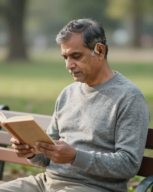 A South Asian senior man with a hearing aid reads a book while seated on a sunny park bench.