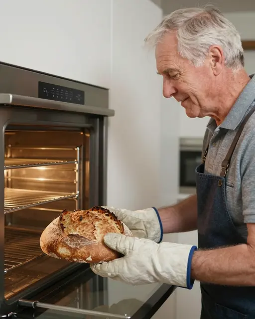 Older man wearing oven mitts pulls a freshly baked sourdough loaf from a lit kitchen oven