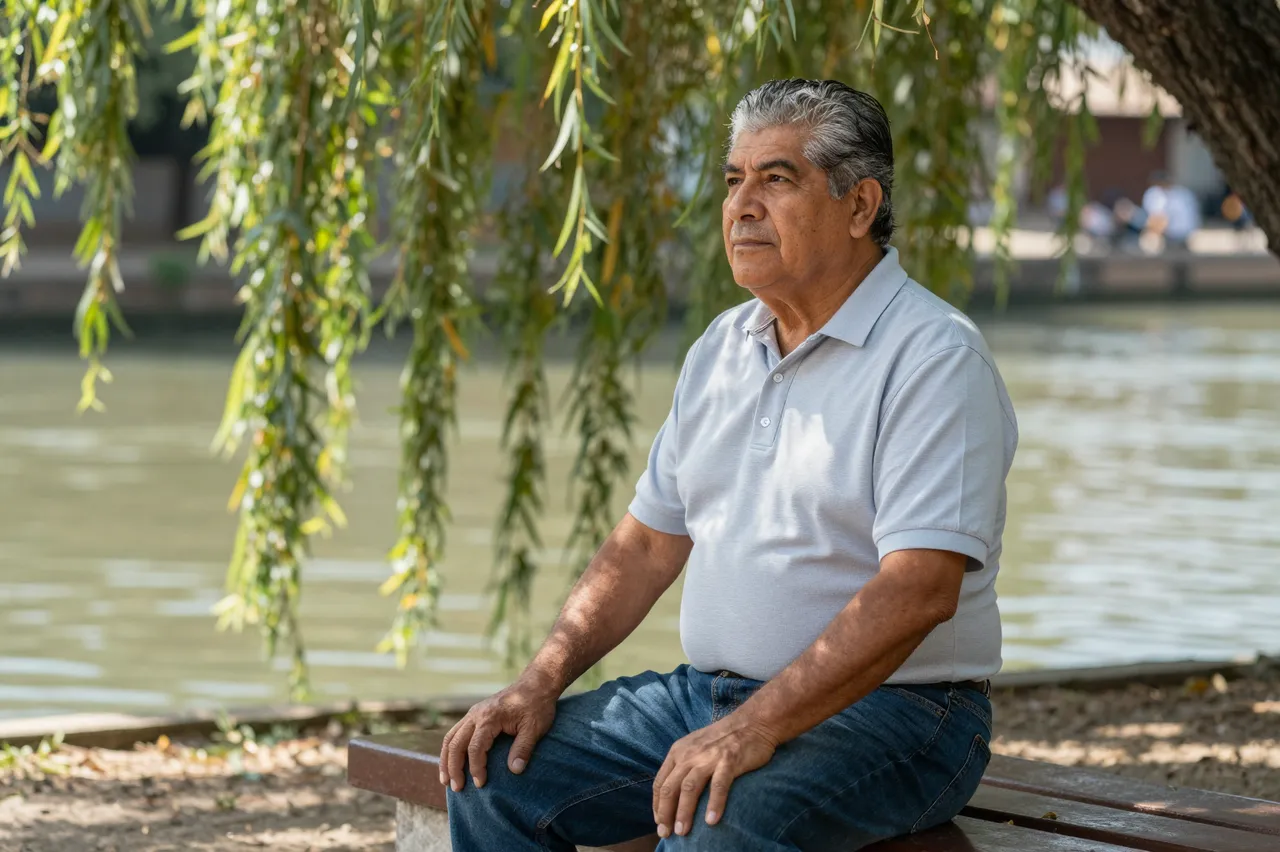 Older Latino man sits calmly on a wooden bench under a willow tree beside a slow sunlit river
