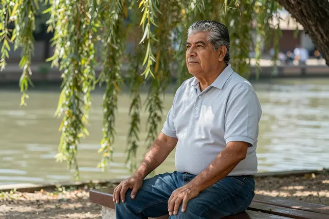 Older Latino man sits calmly on a wooden bench under a willow tree beside a slow sunlit river