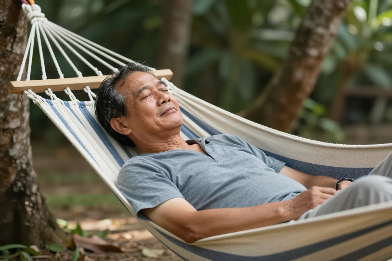 Elderly Southeast Asian man relaxes with eyes closed in a striped hammock under shaded trees