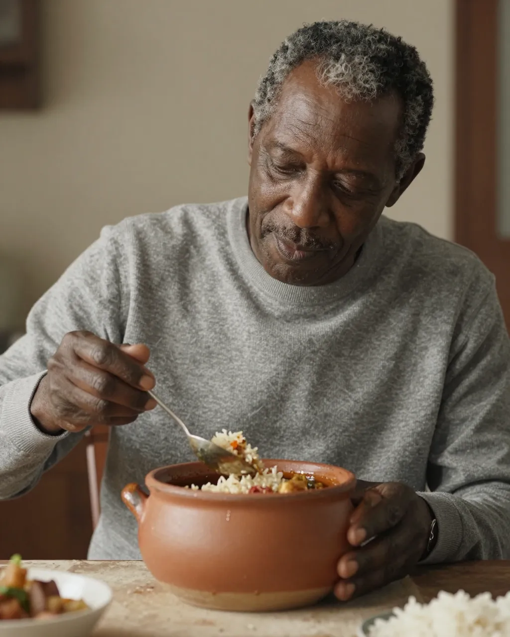 Older Black man in a gray sweater scoops stew and rice from a clay pot at a dining table