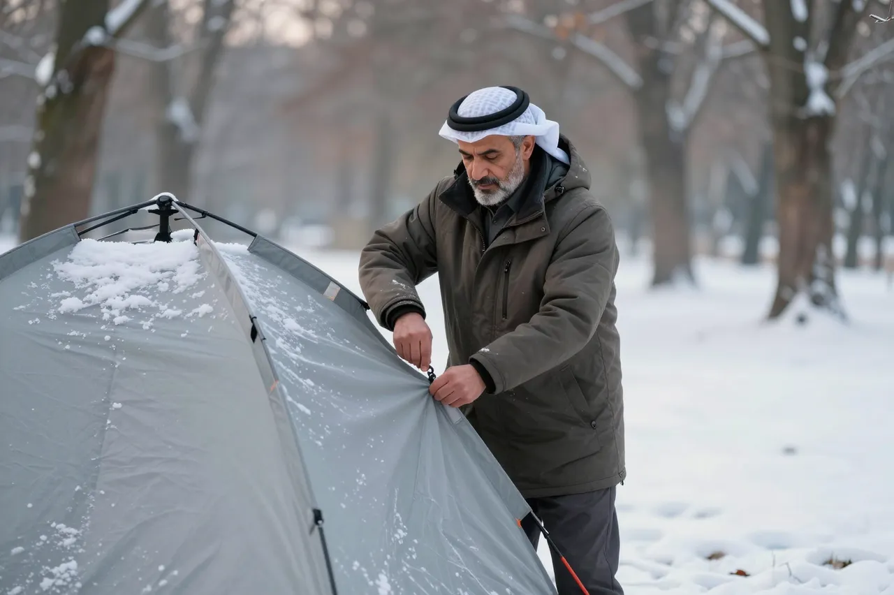 Older Middle Eastern man unzips a snow-dusted tent in a snow-covered winter forest at dawn