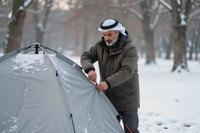 Older Middle Eastern man unzips a snow-dusted tent in a snow-covered winter forest at dawn