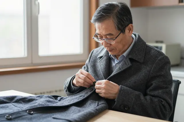 East Asian man in his sixties with reading glasses sews a button onto a wool coat at a sunlit kitchen table.