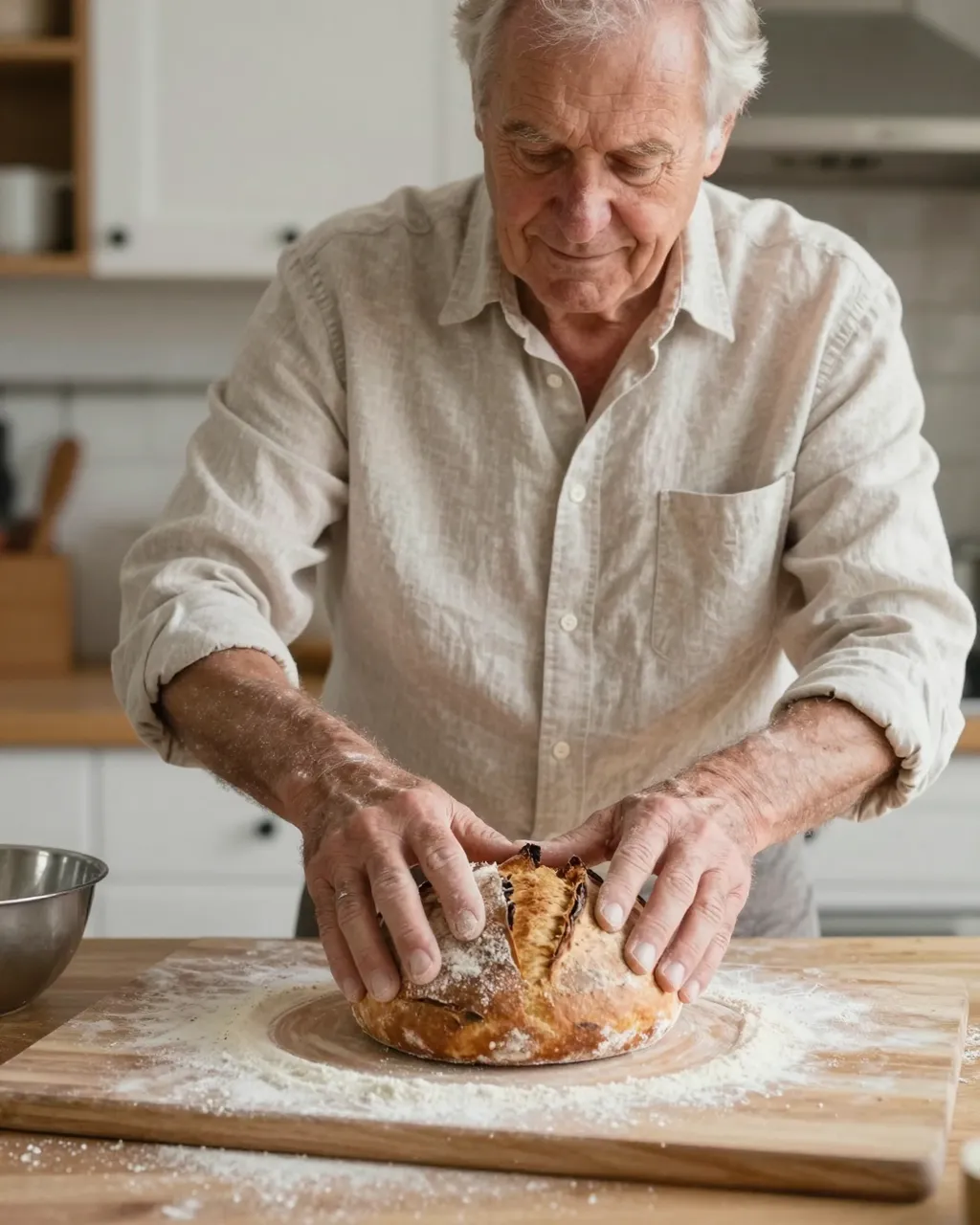 Elderly man in a linen shirt gently shaping a sourdough boule on a floured wooden kitchen board