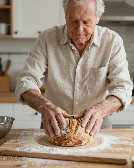 Elderly man in a linen shirt gently shaping a sourdough boule on a floured wooden kitchen board