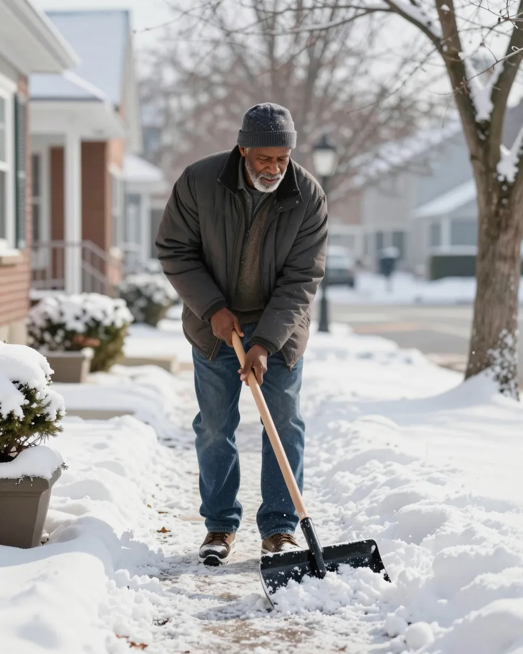 Older Black man shovels snow from his residential front walk on a bright sunny winter morning