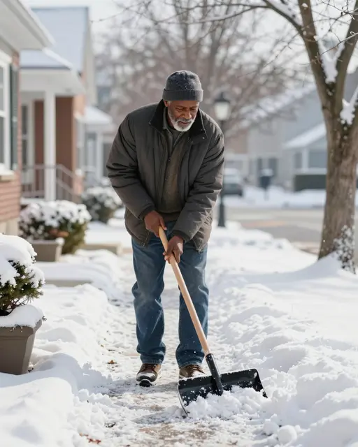 Older Black man shovels snow from his residential front walk on a bright sunny winter morning