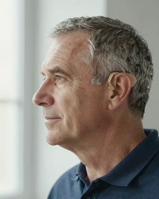 Side profile portrait of a sixty-something man with a hearing aid lit by soft window light