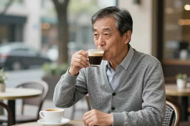 An older East Asian man in a gray cardigan sips espresso at a sunny sidewalk cafe table