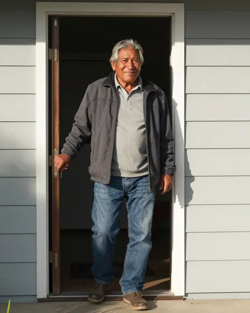 Smiling older Indigenous man in his sixties steps out of a home front door into bright morning sunlight.