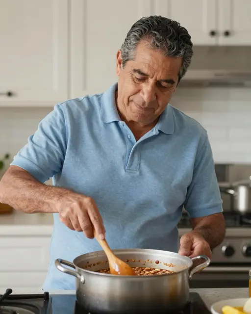 Older Latino man stirs a pot of cooked beans with a wooden spoon in a bright home kitchen