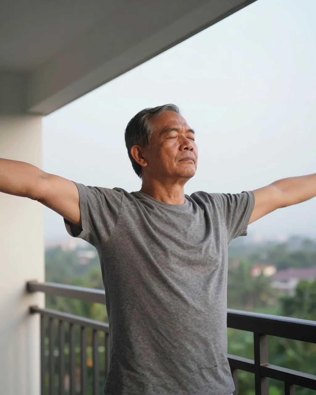 Elderly Southeast Asian man stands with arms outstretched, eyes closed, on a misty sunrise balcony.