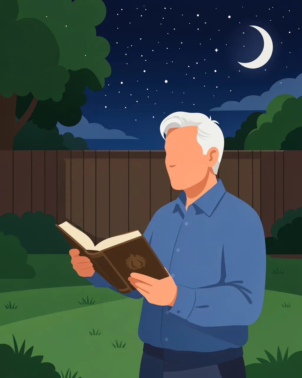 Faceless sixtysomething man holds an open book while standing in a backyard under a crescent moon and starry night sky