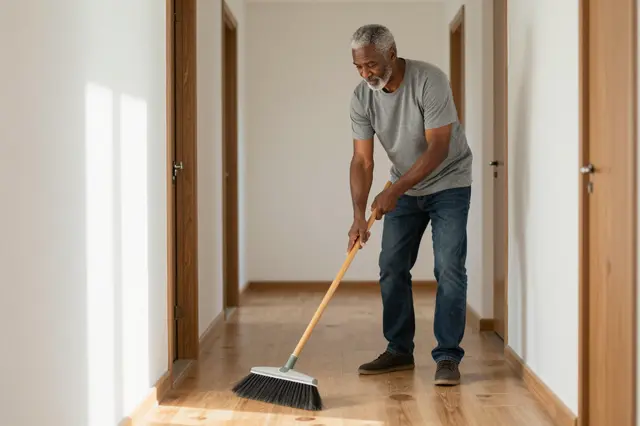A mixed-race man in his sixties sweeps a wooden hallway floor with a broom in soft morning light.