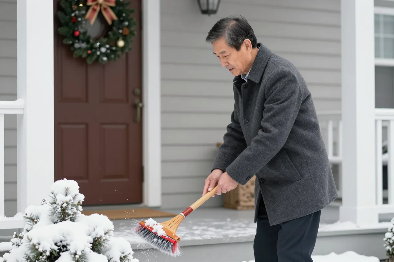 Older East Asian man sweeps snow from a home porch near a Christmas wreath in winter