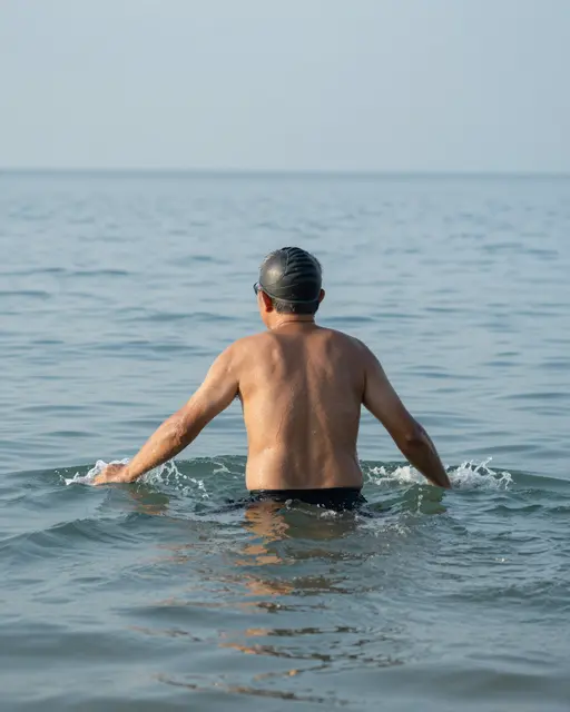 Seen from behind, an older man wades into calm pale blue sea for an early morning swim.