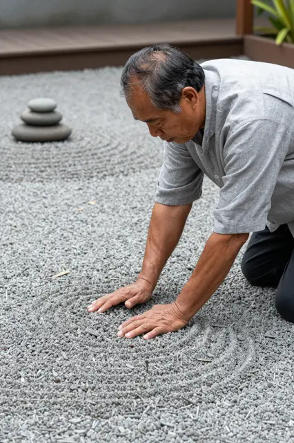 Older Pacific Islander man kneels to smooth gravel in a backyard zen garden with stacked stones.