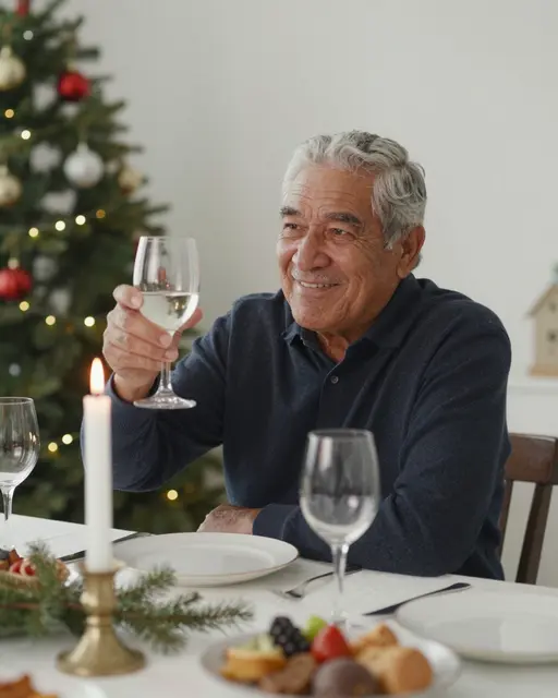 Smiling senior man raises a wine glass at a candlelit Christmas dinner table with a decorated tree behind him