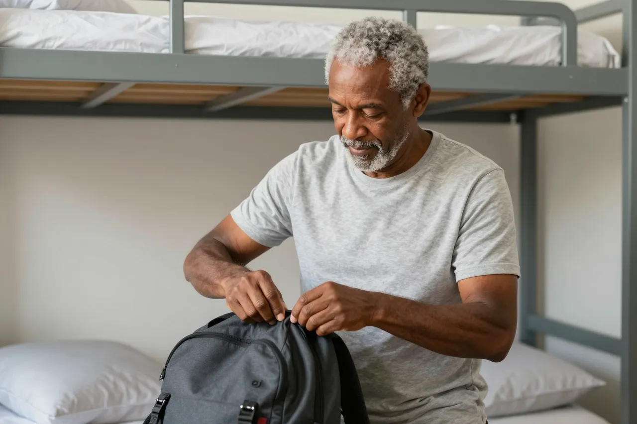 A mixed-race senior man in a gray t-shirt unzips a backpack while seated on a hostel bunk bed.