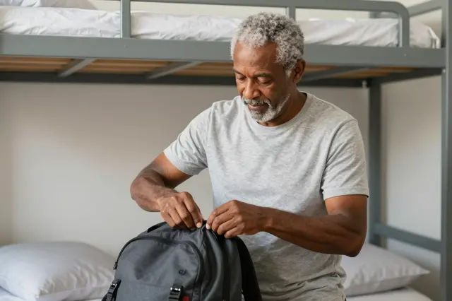 A mixed-race senior man in a gray t-shirt unzips a backpack while seated on a hostel bunk bed.