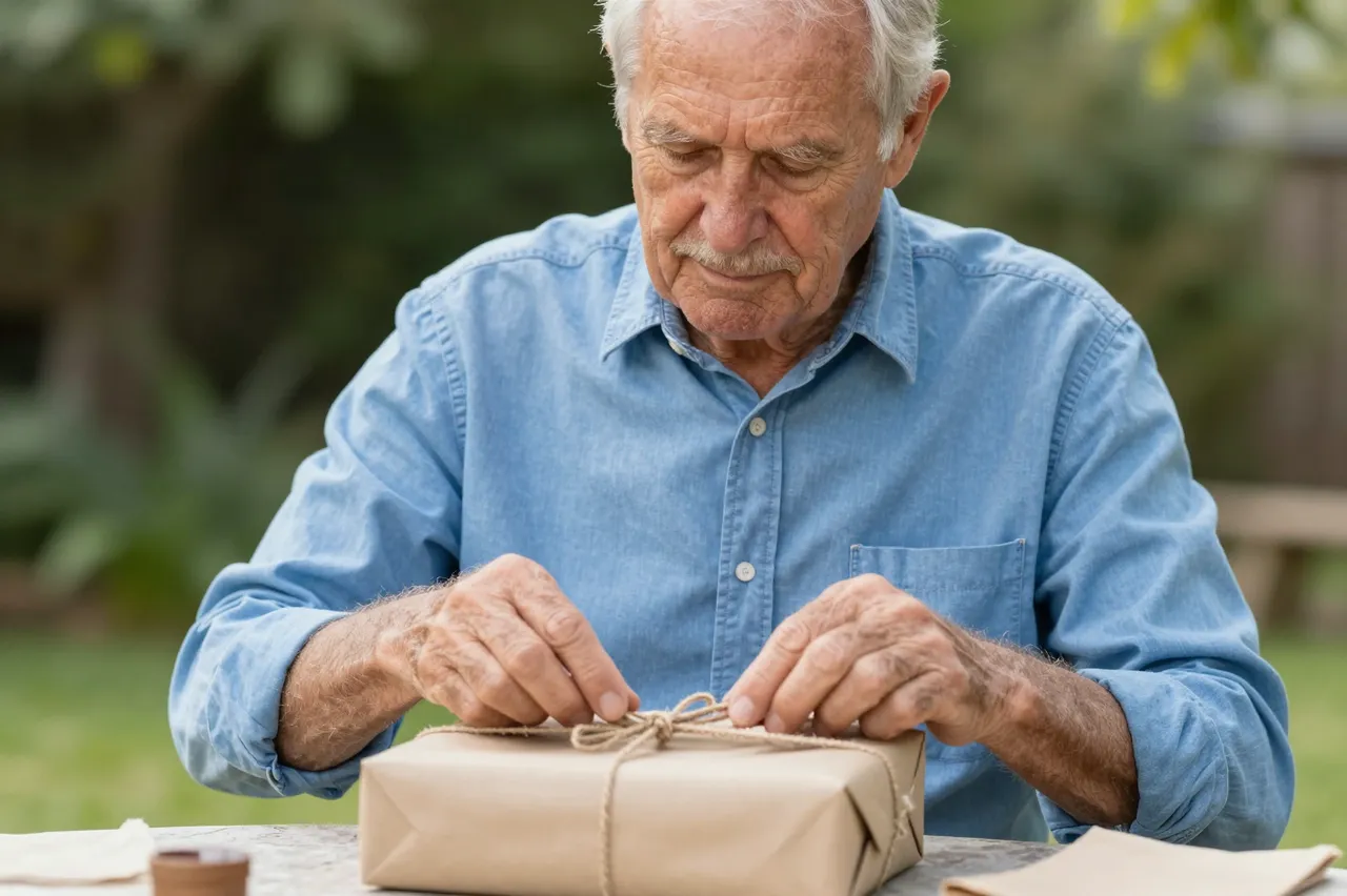 Elderly man in a blue shirt unties twine on a kraft paper gift box at a sunny garden table