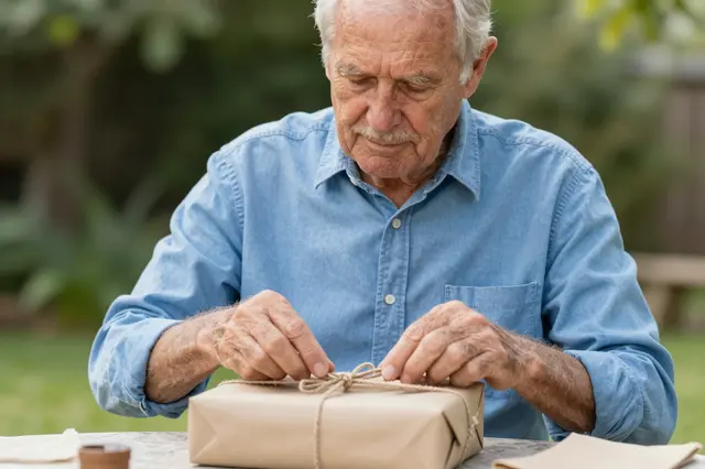 Elderly man in a blue shirt unties twine on a kraft paper gift box at a sunny garden table