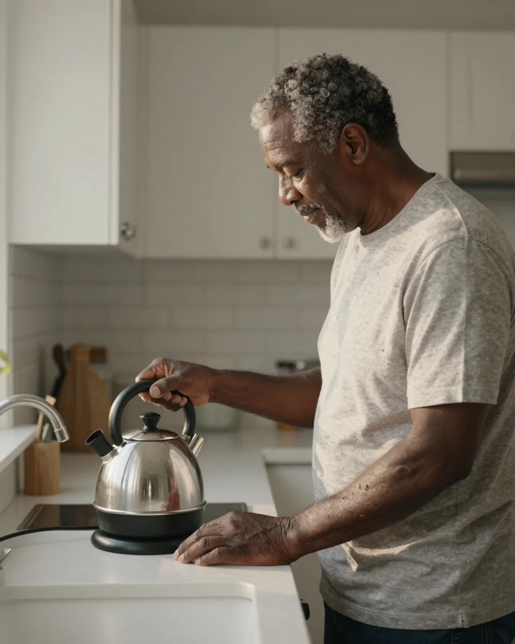 Side view of an older Black man standing by his kitchen counter checking a stainless steel kettle at dawn
