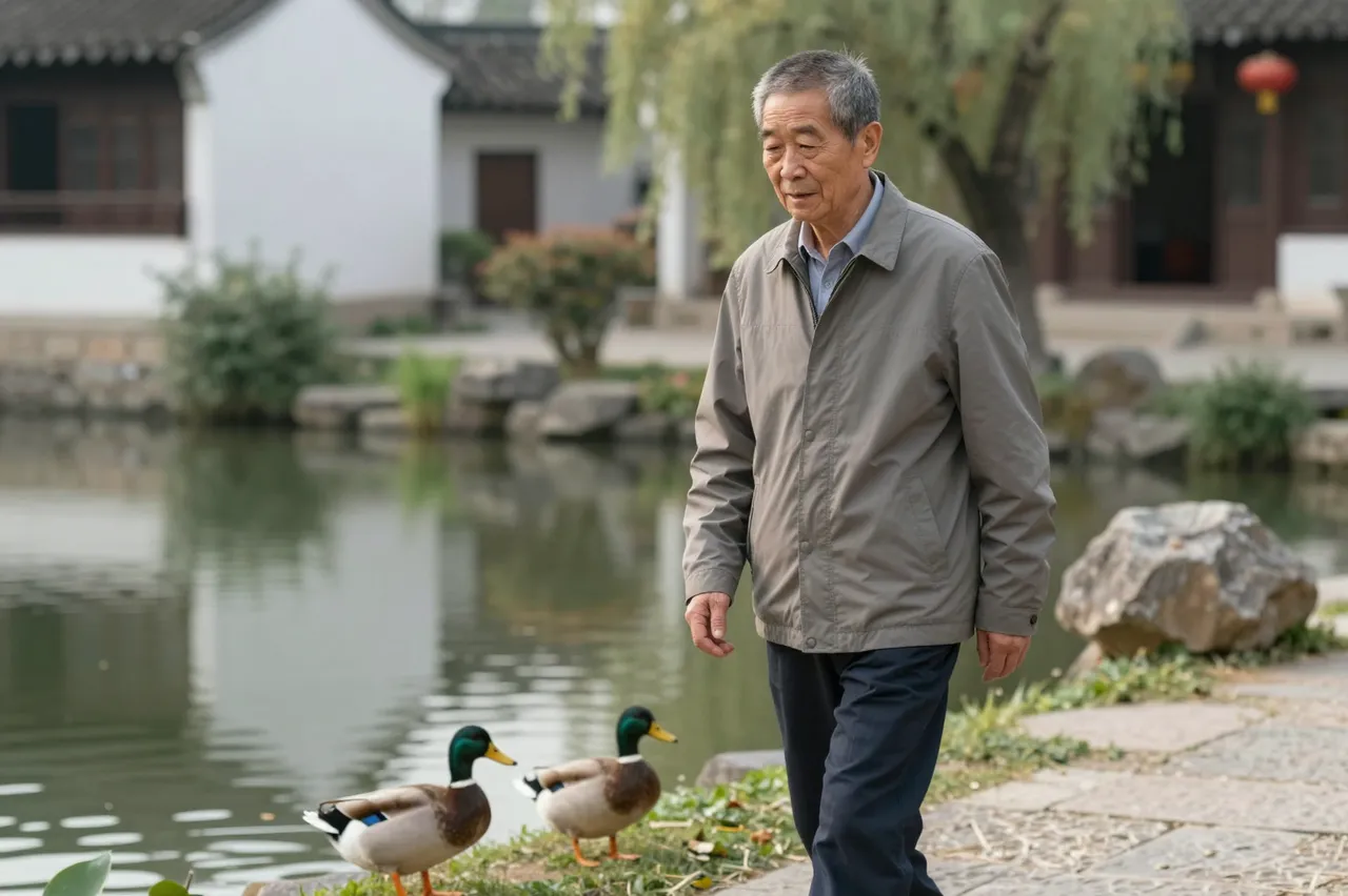 Elderly East Asian man walks along a stone pond path with two mallard ducks nearby