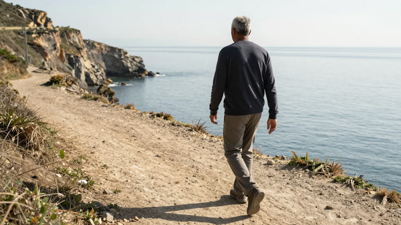 Seen from behind, a mixed-race older man walks along a dirt coastal cliff path above calm sunlit sea.