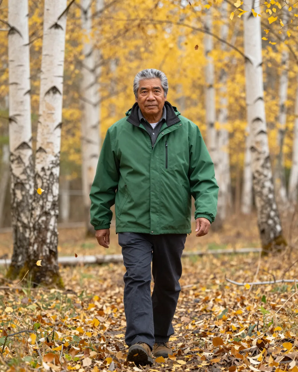 An older Pacific Islander man in a green jacket walks through a golden autumn birch woodland with falling leaves.