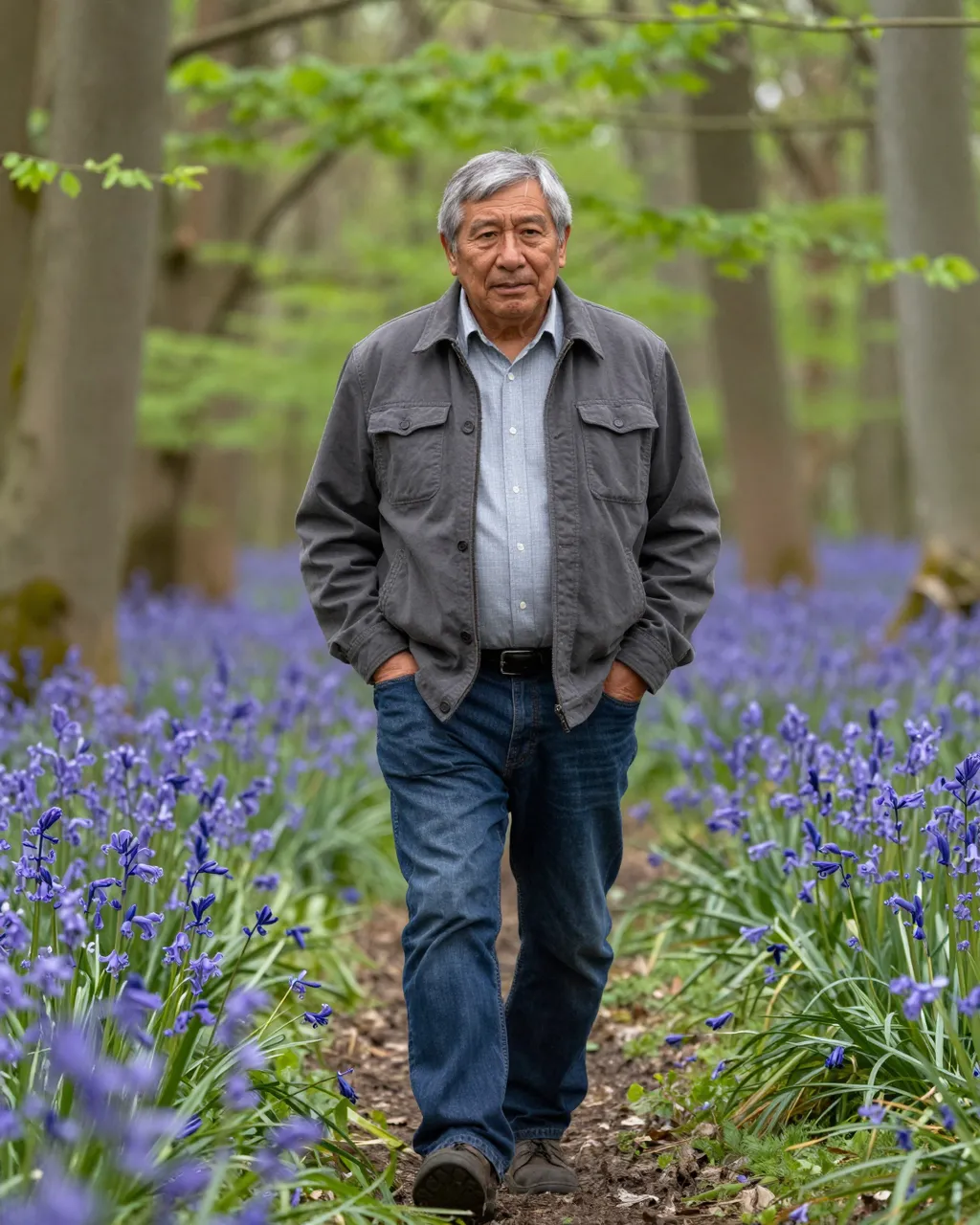 An older man walks slowly along a woodland path lined with blooming bluebells in soft spring light.