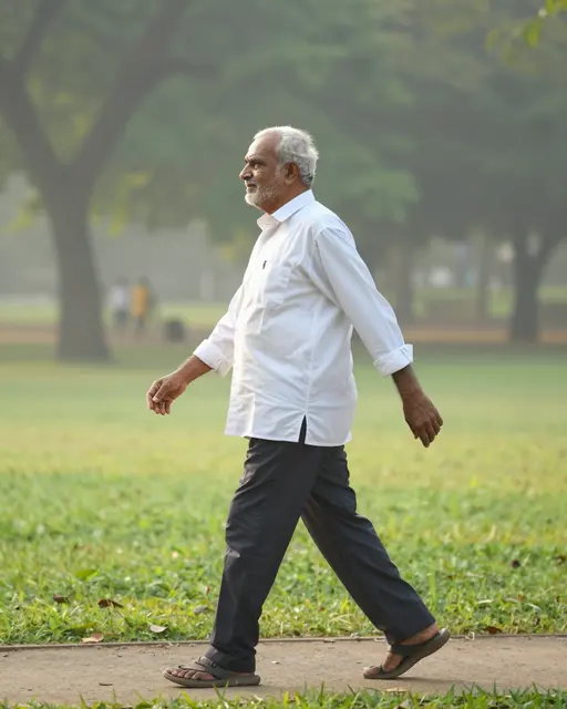 Side view of an older South Asian man walking briskly along a park path at hazy sunrise