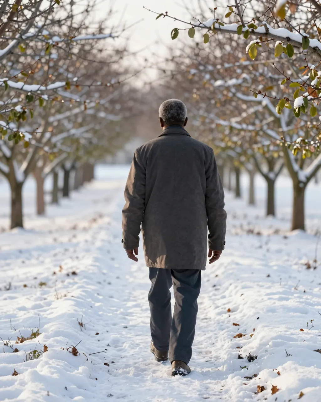 A senior Black man viewed from behind walks slowly along a snow-covered orchard path at dawn