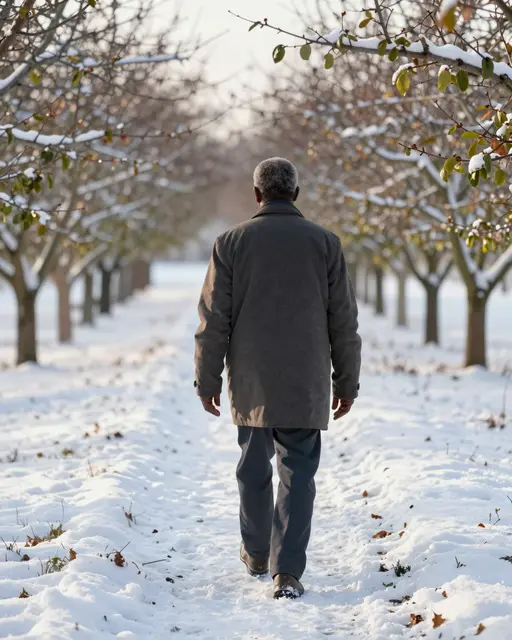 A senior Black man viewed from behind walks slowly along a snow-covered orchard path at dawn