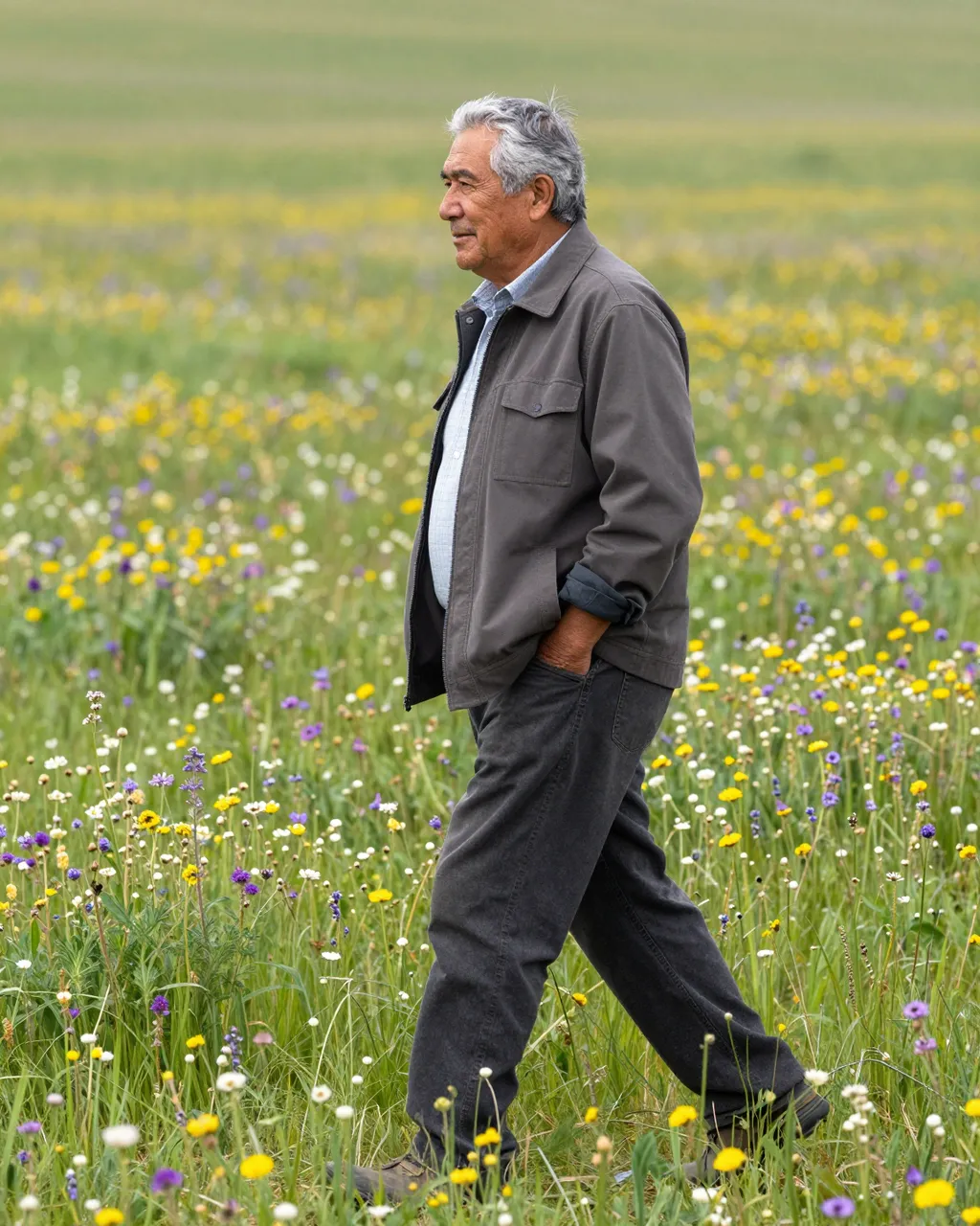 Side view of an older man walking slowly through a lush summer wildflower meadow with one hand in his pocket