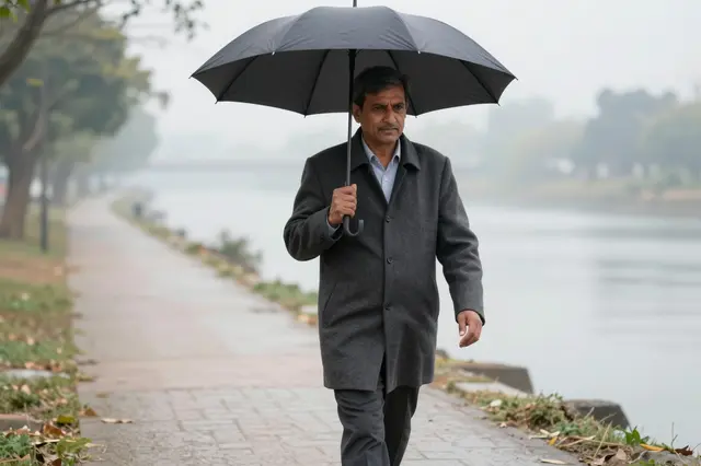 A South Asian man in a wool coat walks along a misty riverside path holding a black umbrella