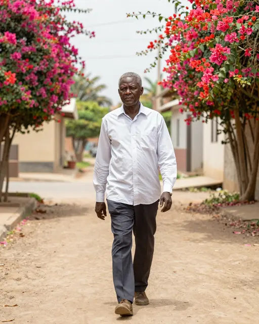 A Black senior man in a white shirt walks down a sandy village lane lined with bougainvillea