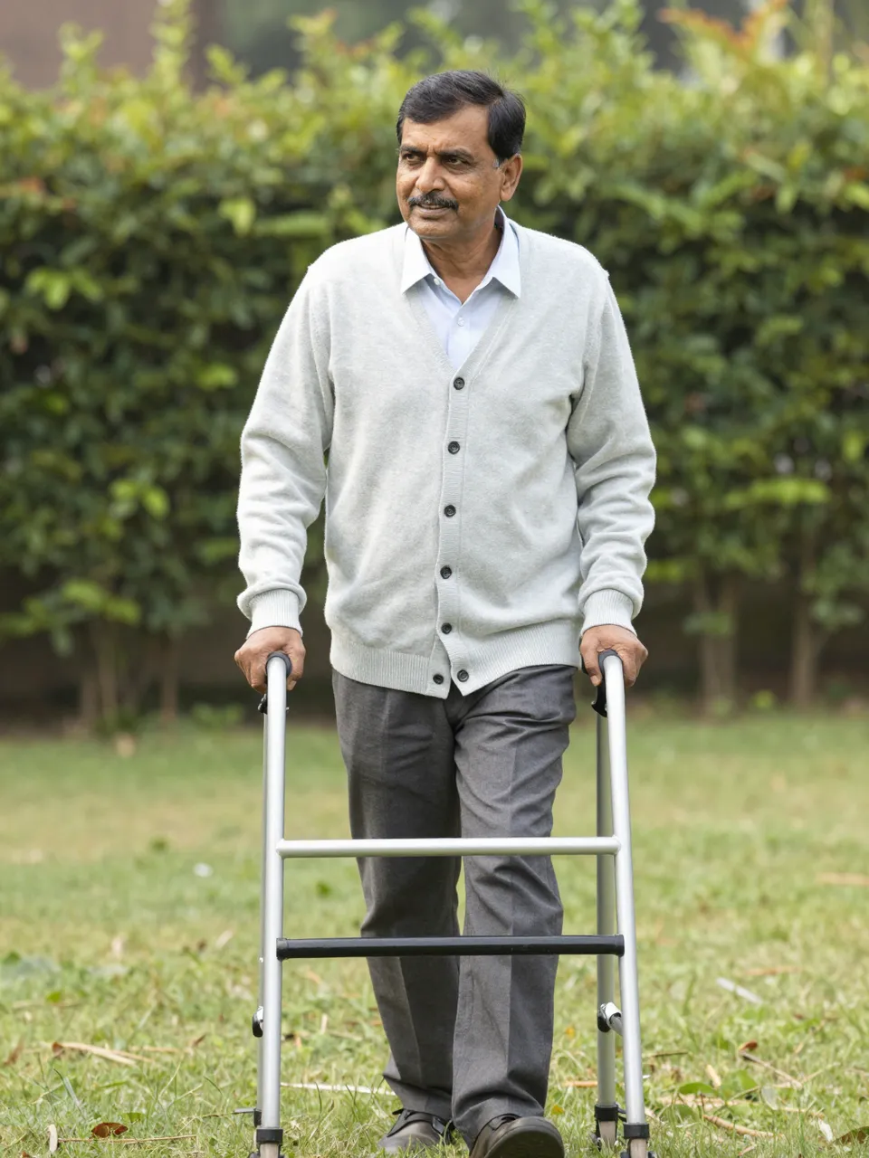 A South Asian senior man uses a walking frame while strolling on a sunny garden lawn.