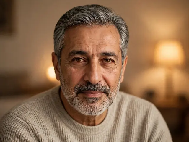 Close-up portrait of a sixties Middle Eastern man with salt and pepper hair in an oatmeal sweater under soft warm lamplight