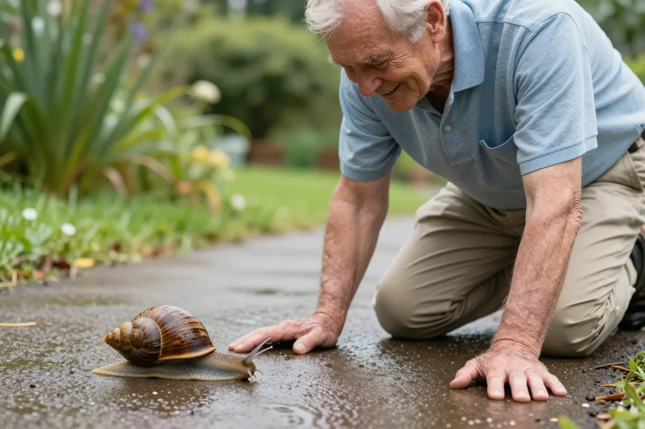 An older man kneels on a wet garden path smiling as he watches a snail cross the pavement