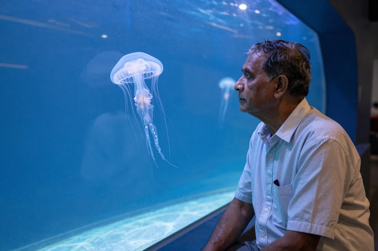 An older South Asian man sits calmly watching translucent jellyfish drift in a blue aquarium tank