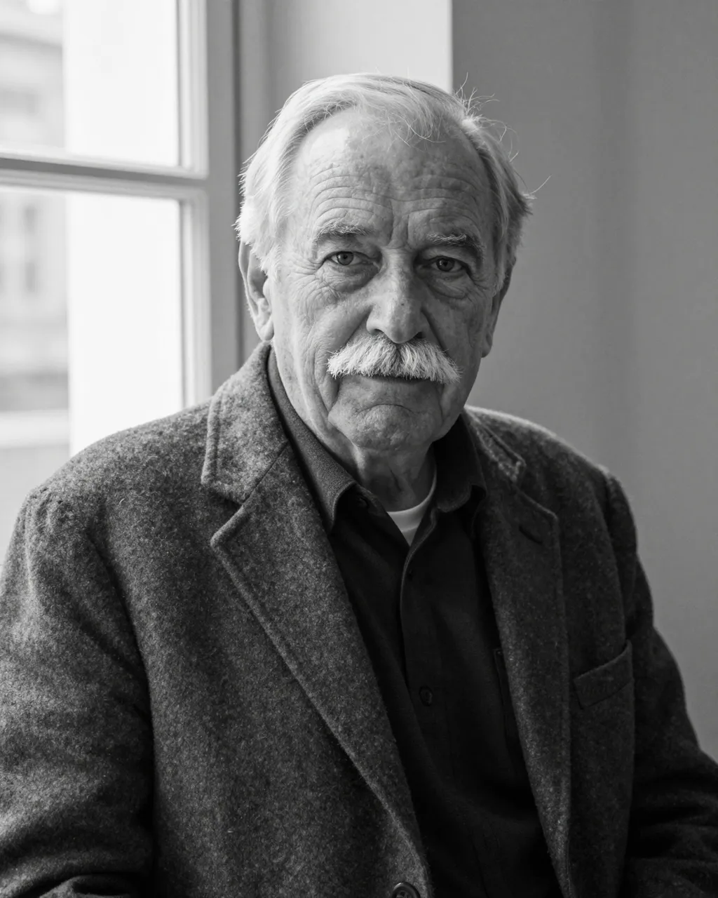 Black and white portrait of a senior man with a white mustache seated next to a bright window