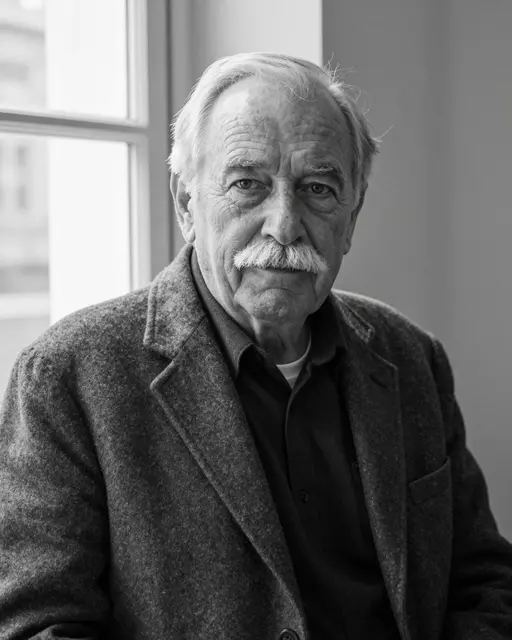 Black and white portrait of a senior man with a white mustache seated next to a bright window
