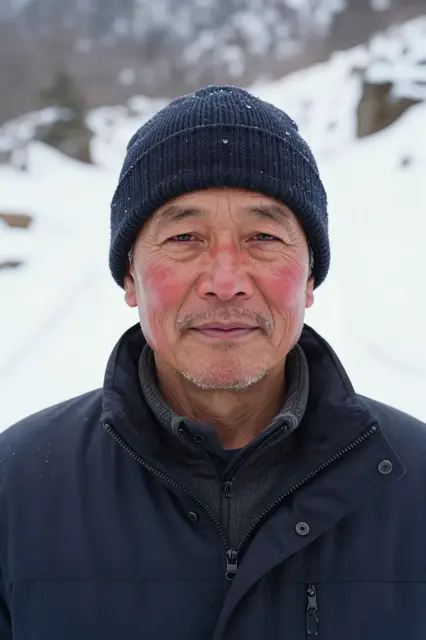 Portrait of a senior Southeast Asian man in a knit beanie with rosy cold cheeks on a snowy mountain trail